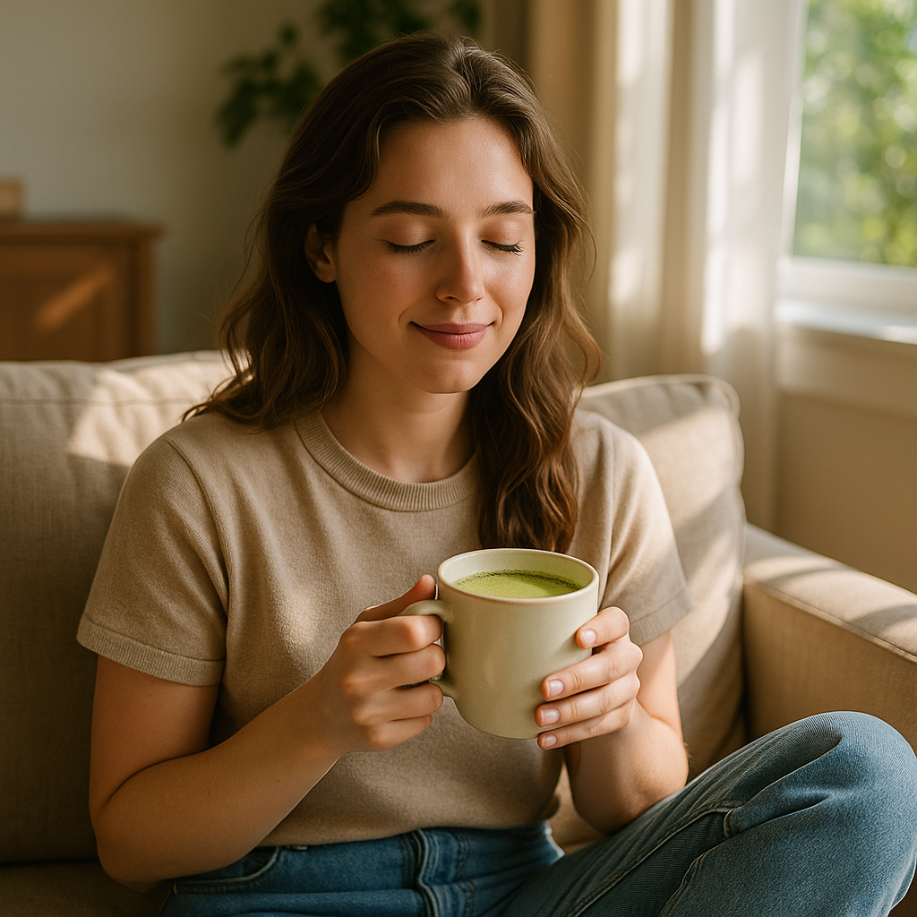 A young woman smiling calmly while holding a warm cup of vibrant green matcha.