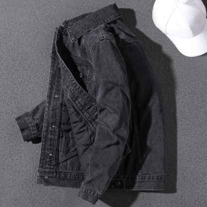 Handsome autumn and winter new style detachable hooded denim jacket men's trendy brand Korean version velvet thickened motorcycle jacket men's trendy