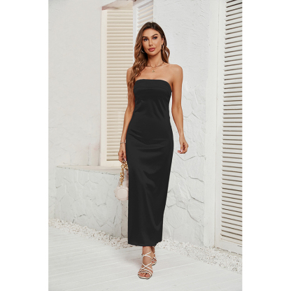 Summer solid color breast-wrapped elastic backless satin dress