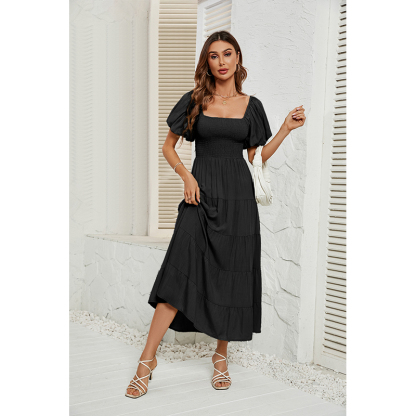 Women's Summer Solid Color High Waist Puff Sleeve Waist Dress for Women