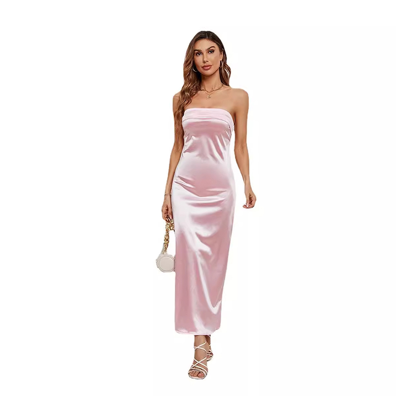 Summer solid color breast-wrapped elastic backless satin dress