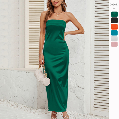 Summer solid color breast-wrapped elastic backless satin dress
