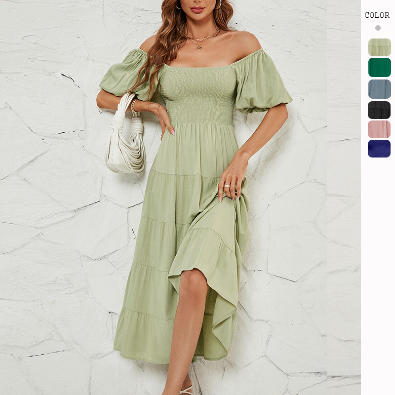 Women's Summer Solid Color High Waist Puff Sleeve Waist Dress for Women