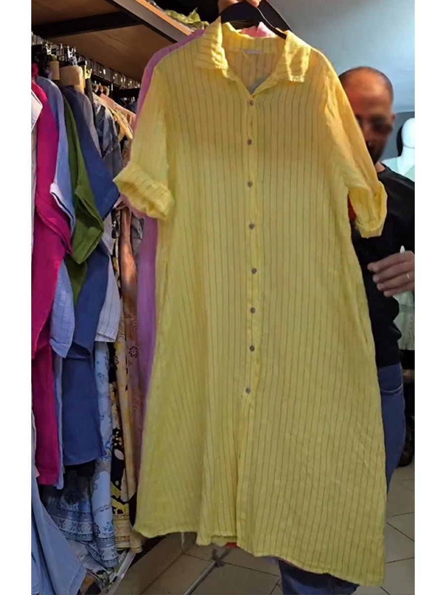 Women's Loose Casual Striped Cotton and Linen Shirt Dress