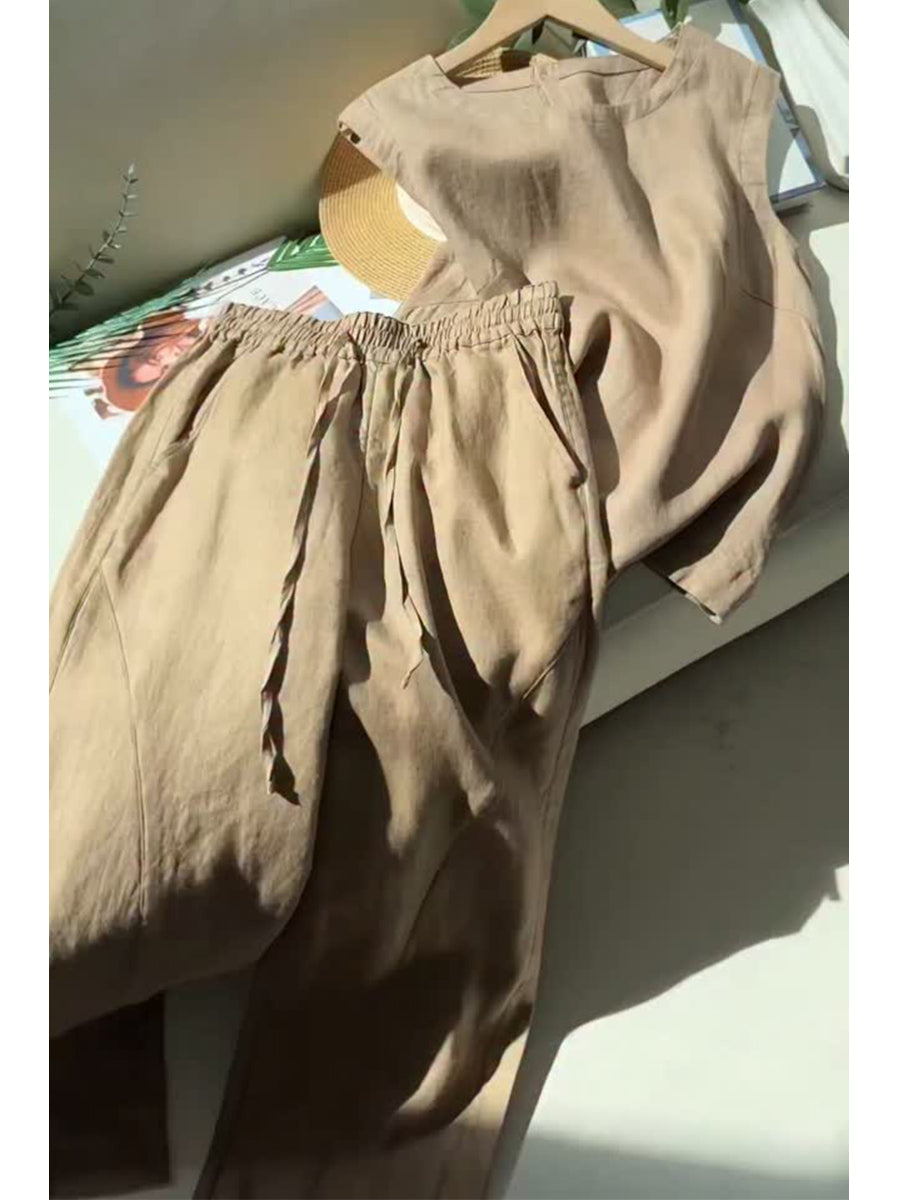 Women's Tencel and Linen Sleeveless Top and Pants Two-piece Set