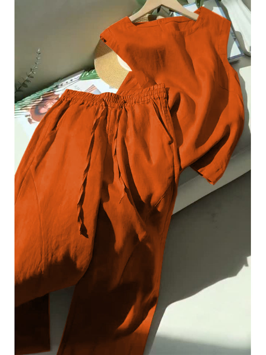 Women's Tencel and Linen Sleeveless Top and Pants Two-piece Set