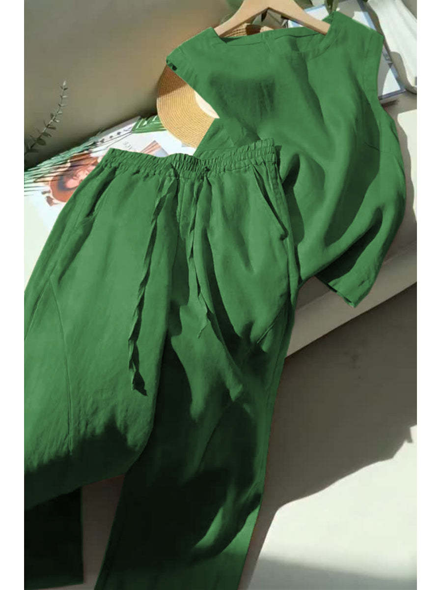 Women's Tencel and Linen Sleeveless Top and Pants Two-piece Set