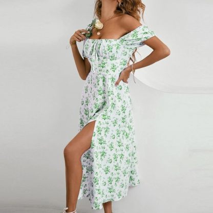 Women Puff Sleeve Square Neck Floral Corset Dress Flowy Split Midi Dress Casual Summer Boho Sundress