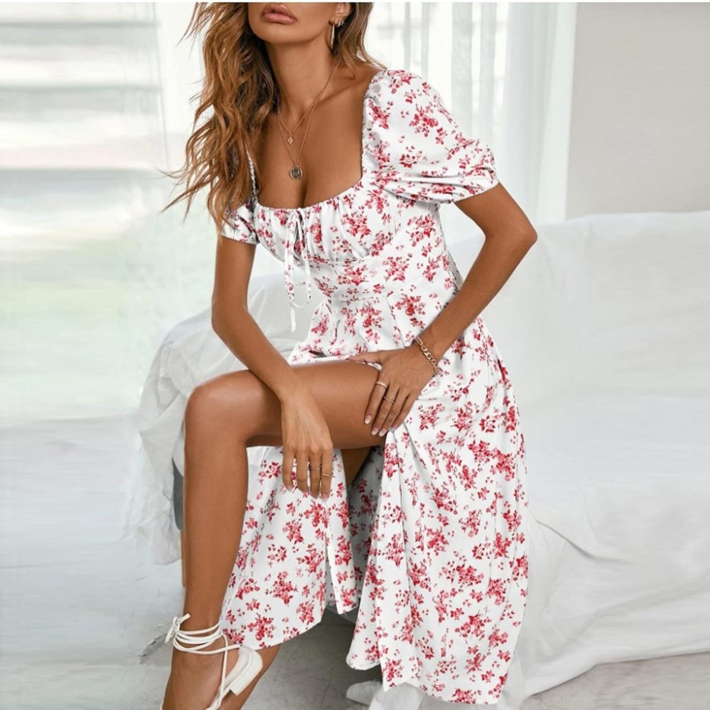 Women Puff Sleeve Square Neck Floral Corset Dress Flowy Split Midi Dress Casual Summer Boho Sundress