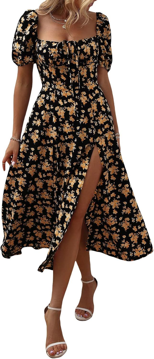 Women's Square Neck Dress Allover Floral Knot Split Thigh