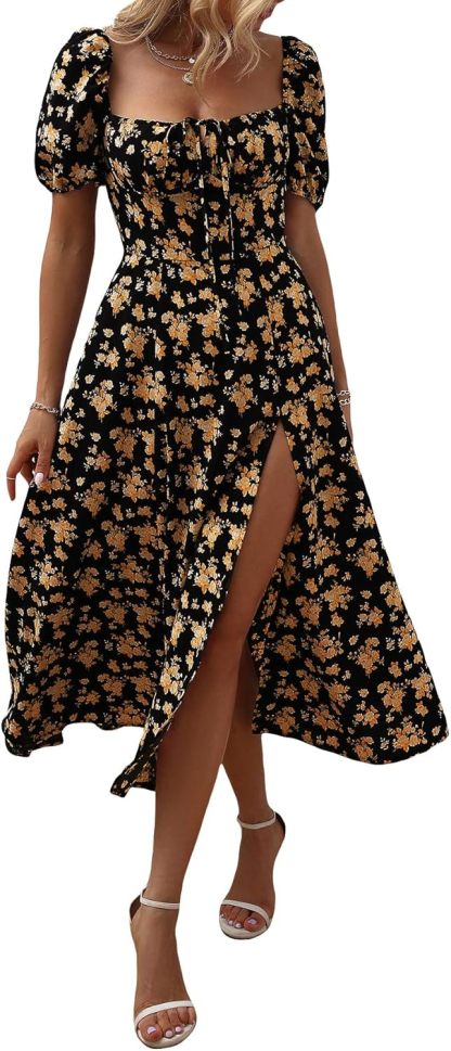 Women's Square Neck Dress Allover Floral Knot Split Thigh