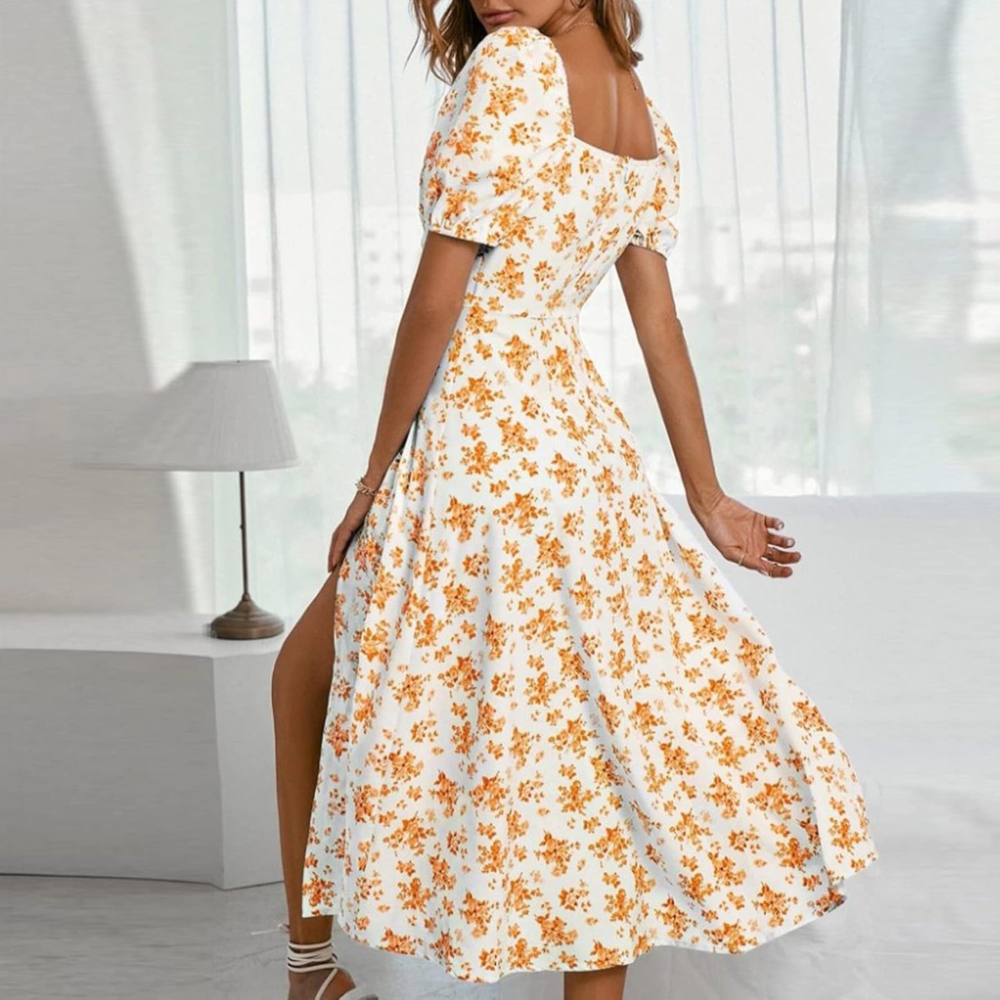 Women Puff Sleeve Square Neck Floral Corset Dress Flowy Split Midi Dress Casual Summer Boho Sundress