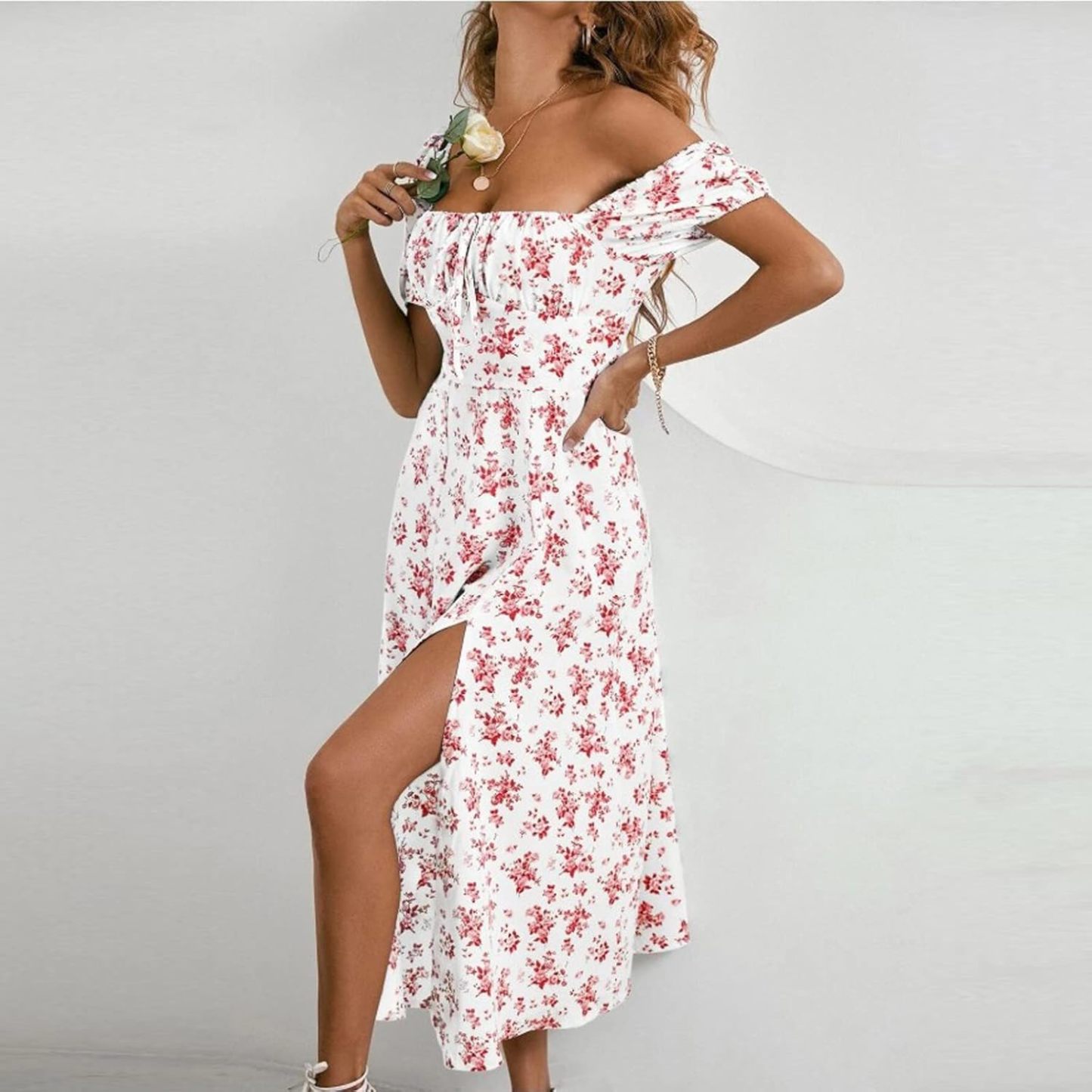 Women Puff Sleeve Square Neck Floral Corset Dress Flowy Split Midi Dress Casual Summer Boho Sundress