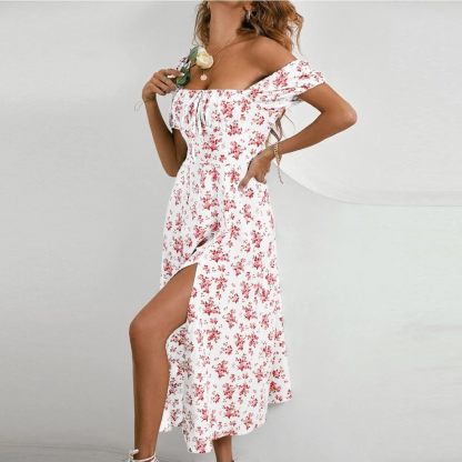 Women Puff Sleeve Square Neck Floral Corset Dress Flowy Split Midi Dress Casual Summer Boho Sundress