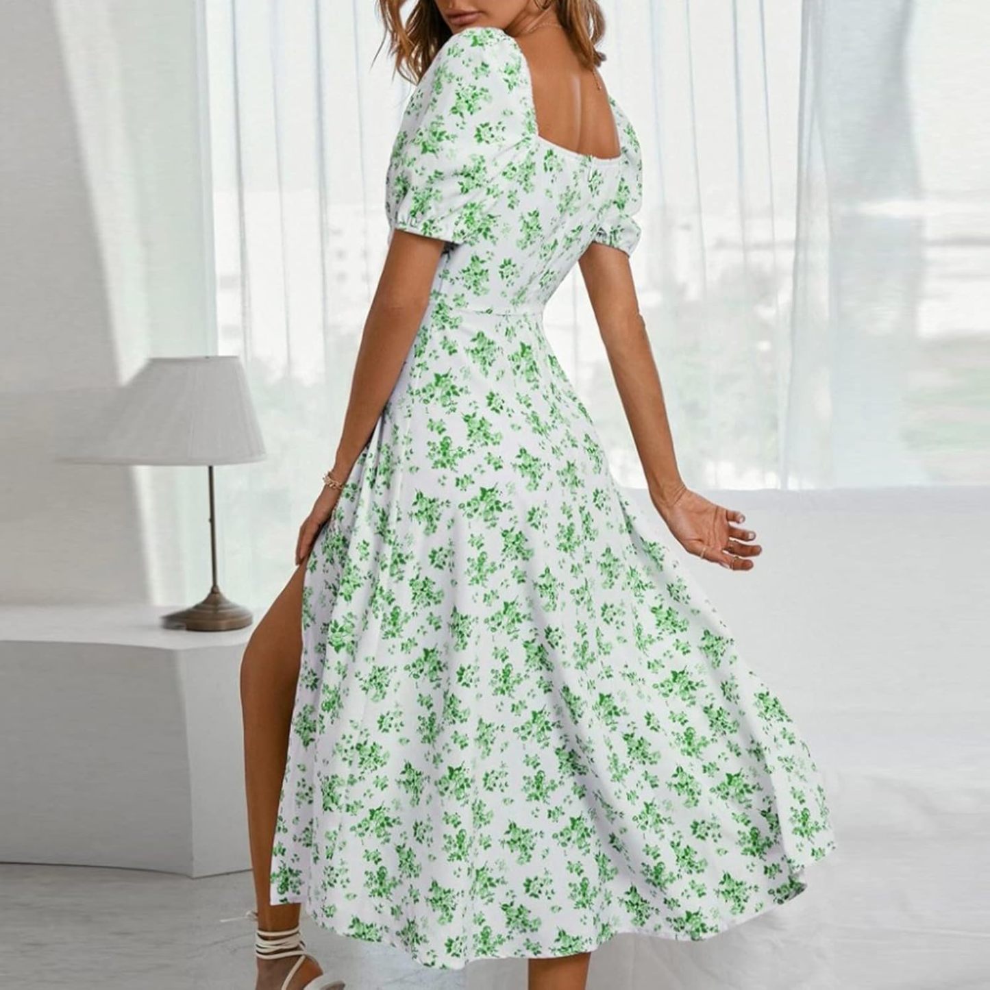 Women Puff Sleeve Square Neck Floral Corset Dress Flowy Split Midi Dress Casual Summer Boho Sundress