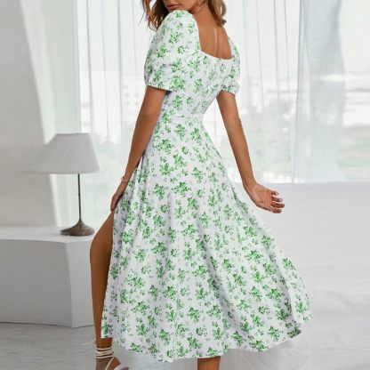 Women Puff Sleeve Square Neck Floral Corset Dress Flowy Split Midi Dress Casual Summer Boho Sundress