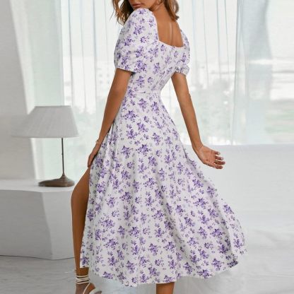 Women Puff Sleeve Square Neck Floral Corset Dress Flowy Split Midi Dress Casual Summer Boho Sundress