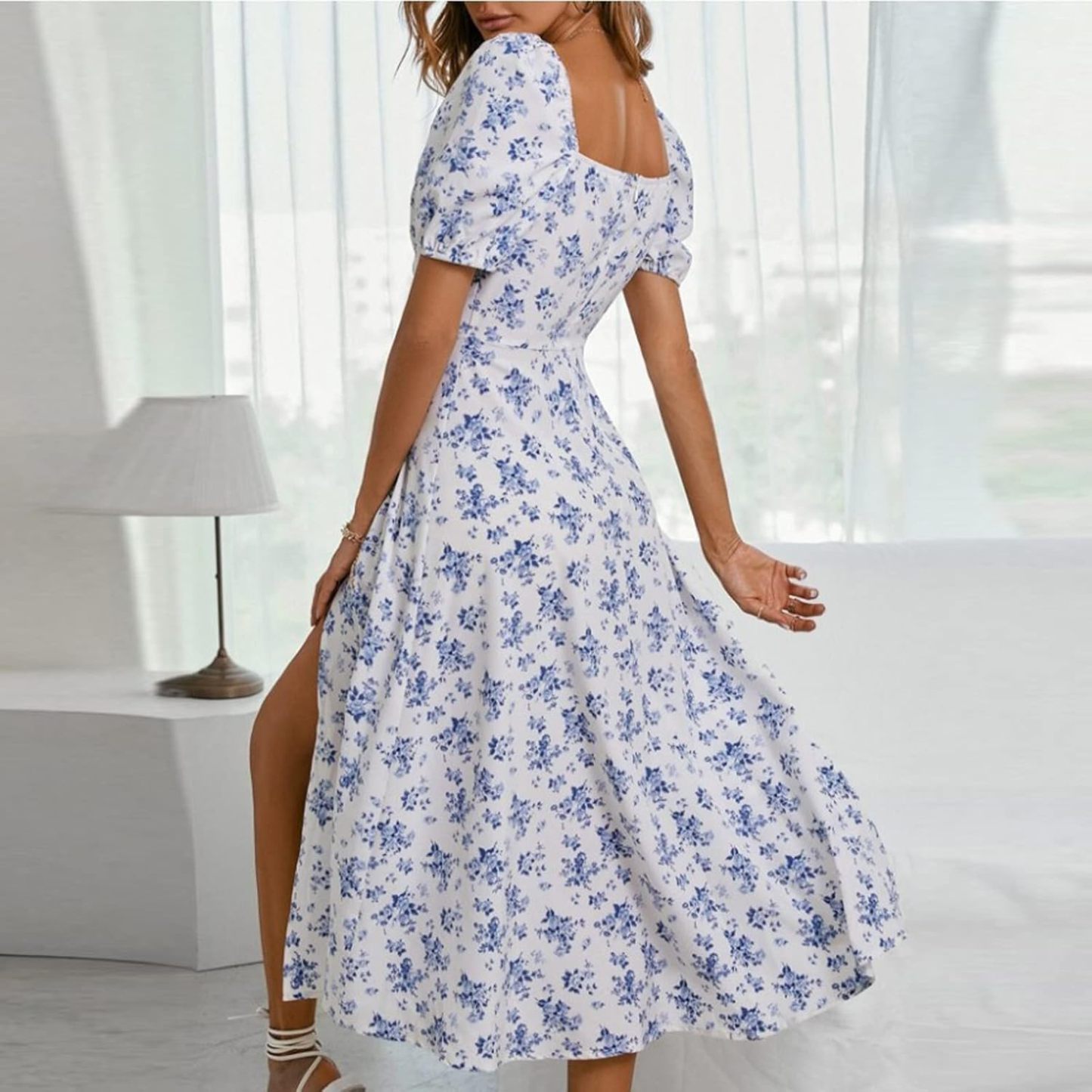 Women Puff Sleeve Square Neck Floral Corset Dress Flowy Split Midi Dress Casual Summer Boho Sundress