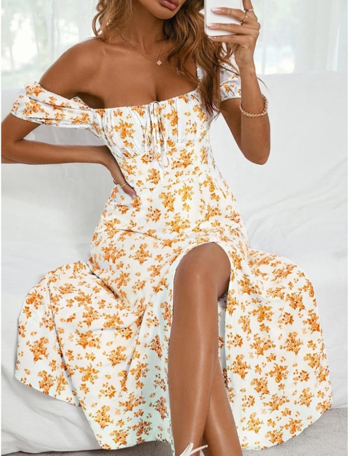 Women Puff Sleeve Square Neck Floral Corset Dress Flowy Split Midi Dre
