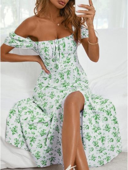 Women Puff Sleeve Square Neck Floral Corset Dress Flowy Split Midi Dress Casual Summer Boho Sundress