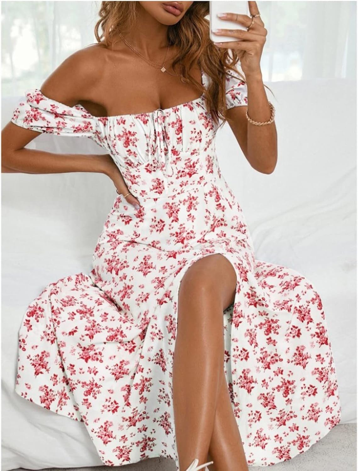 Women Puff Sleeve Square Neck Floral Corset Dress Flowy Split Midi Dre