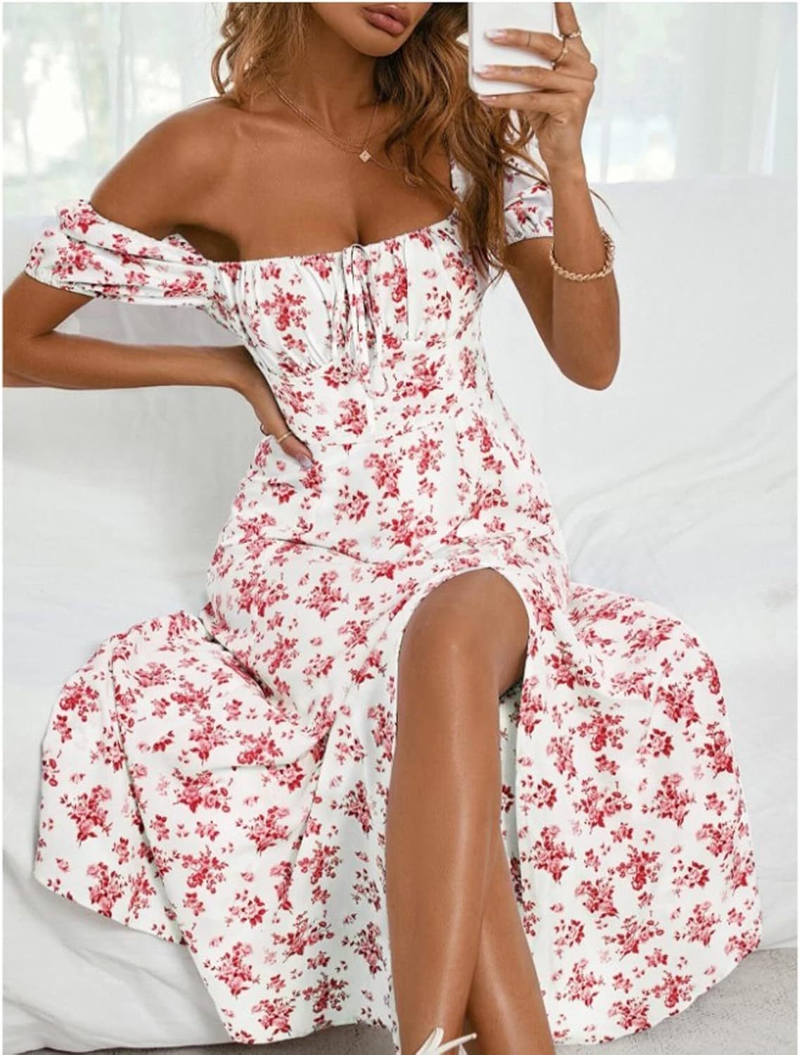 Women Puff Sleeve Square Neck Floral Corset Dress Flowy Split Midi Dress Casual Summer Boho Sundress