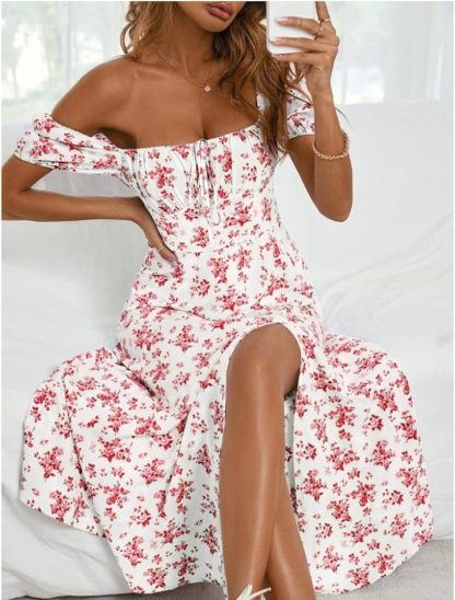 Women Puff Sleeve Square Neck Floral Corset Dress Flowy Split Midi Dress Casual Summer Boho Sundress