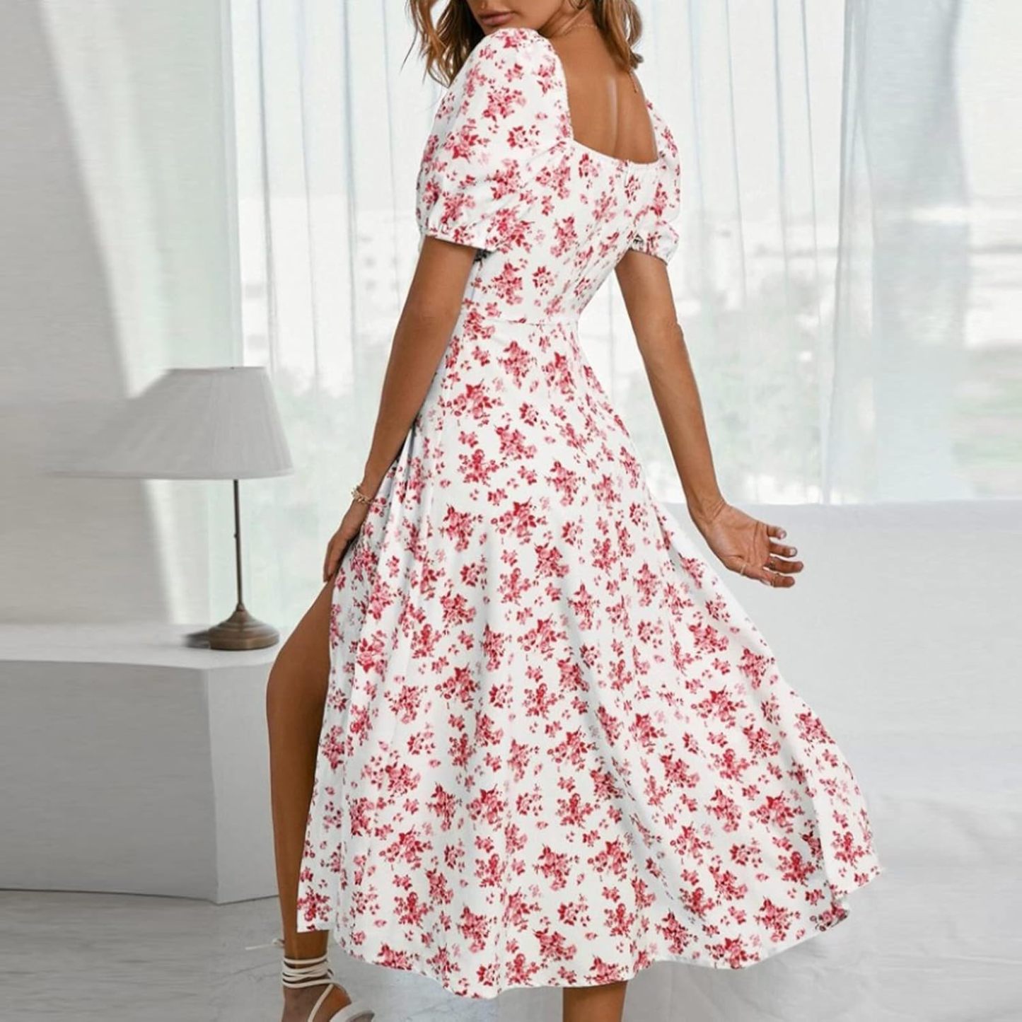 Women Puff Sleeve Square Neck Floral Corset Dress Flowy Split Midi Dress Casual Summer Boho Sundress