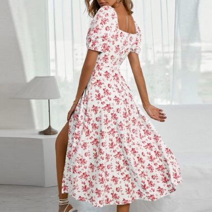 Women Puff Sleeve Square Neck Floral Corset Dress Flowy Split Midi Dress Casual Summer Boho Sundress