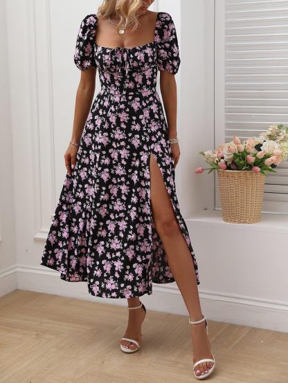 Women's Square Neck Dress Allover Floral Knot Split Thigh