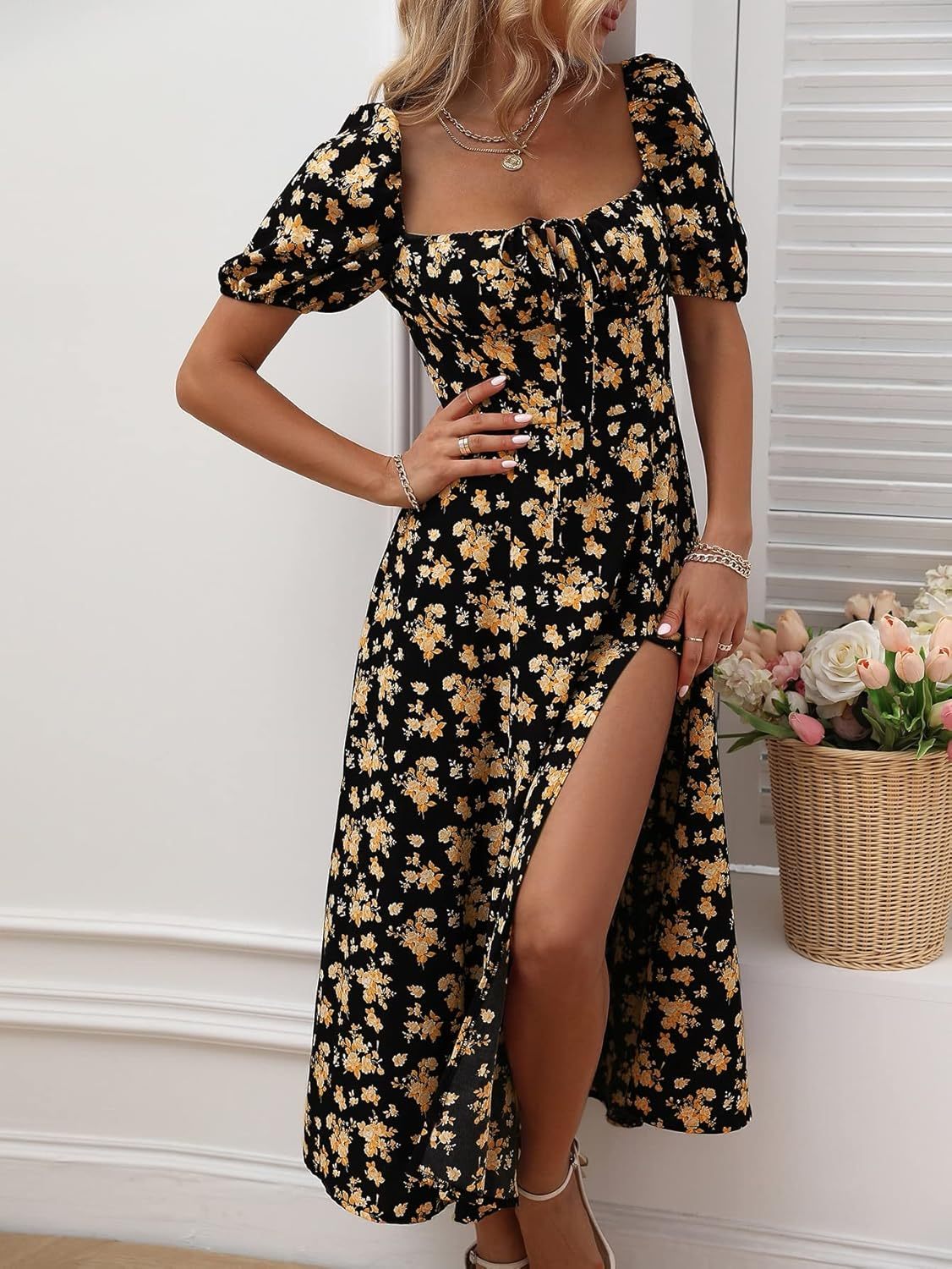 Women's Square Neck Dress Allover Floral Knot Split Thigh