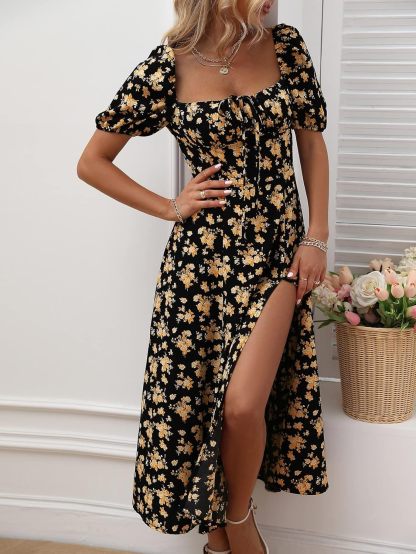 Women's Square Neck Dress Allover Floral Knot Split Thigh