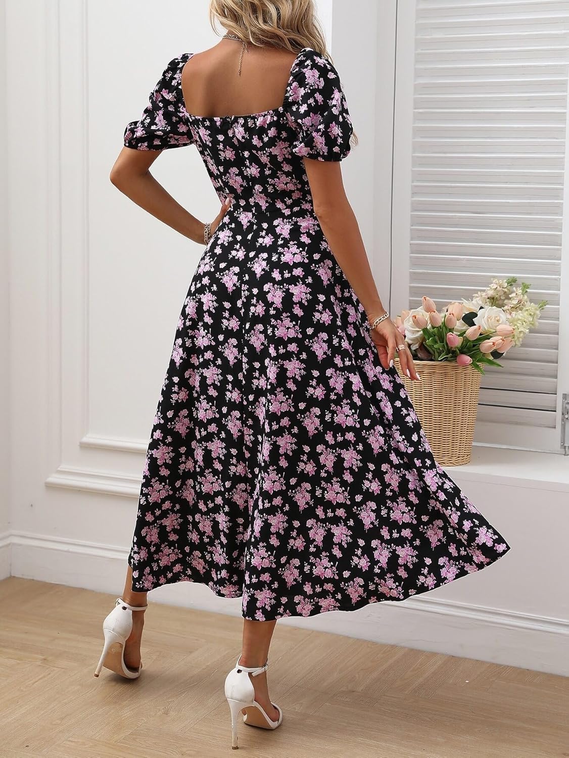 Women's Square Neck Dress Allover Floral Knot Split Thigh