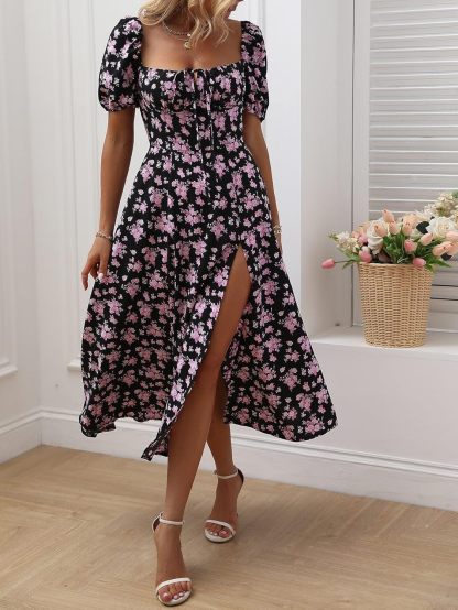 Women's Square Neck Dress Allover Floral Knot Split Thigh