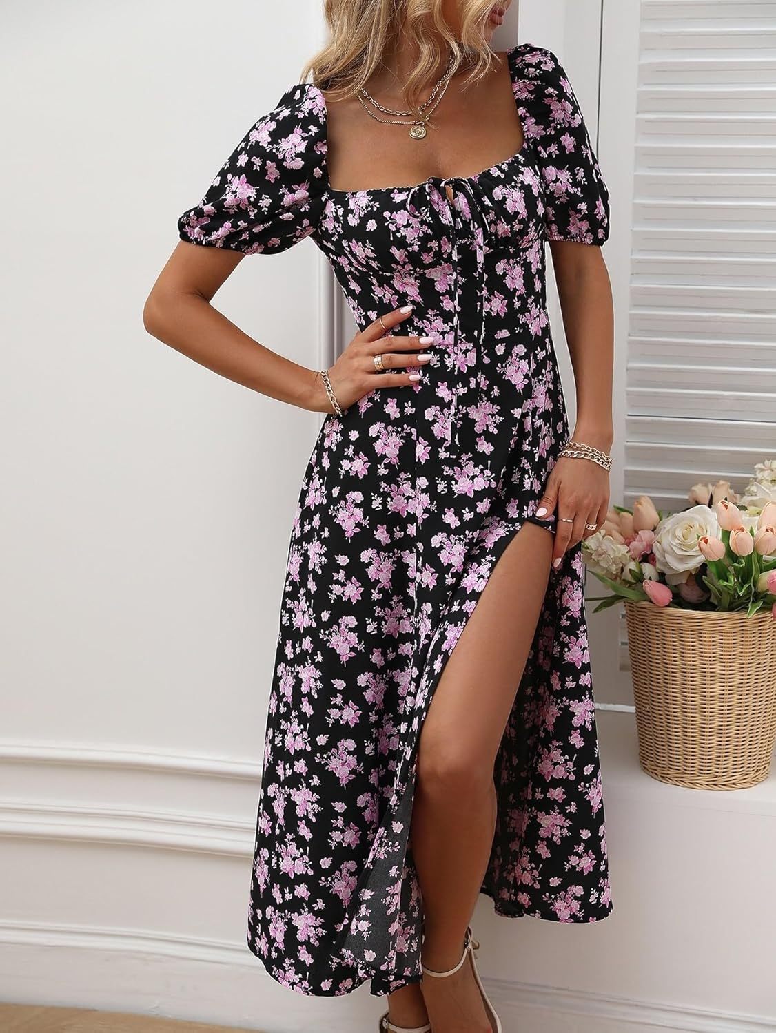 Women's Square Neck Dress Allover Floral Knot Split Thigh
