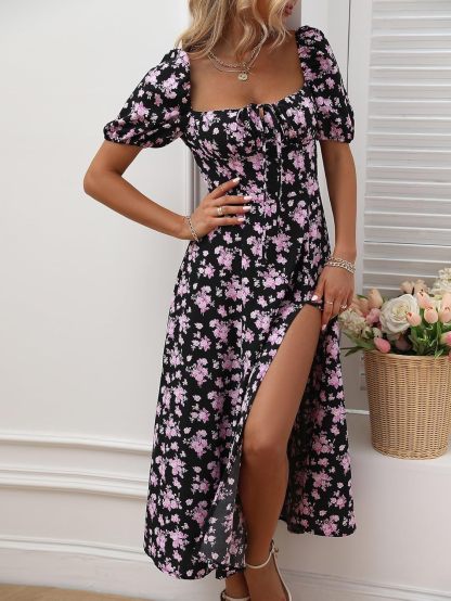 Women's Square Neck Dress Allover Floral Knot Split Thigh