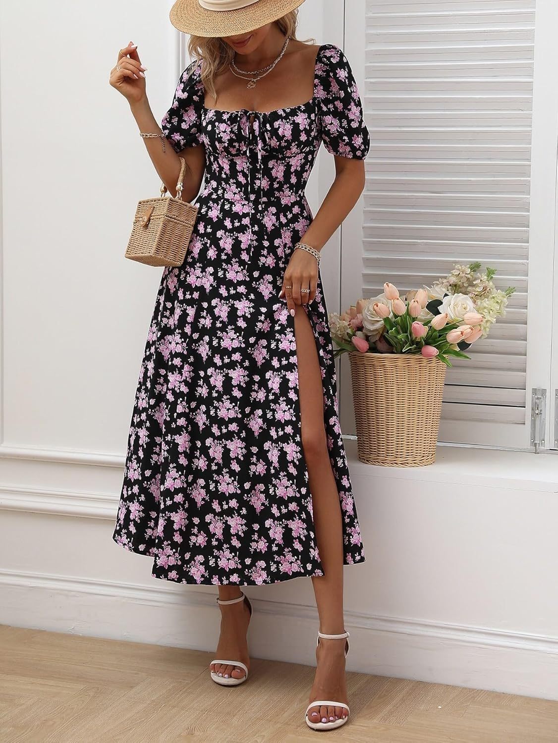Women's Square Neck Dress Allover Floral Knot Split Thigh