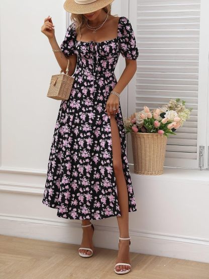Women's Square Neck Dress Allover Floral Knot Split Thigh