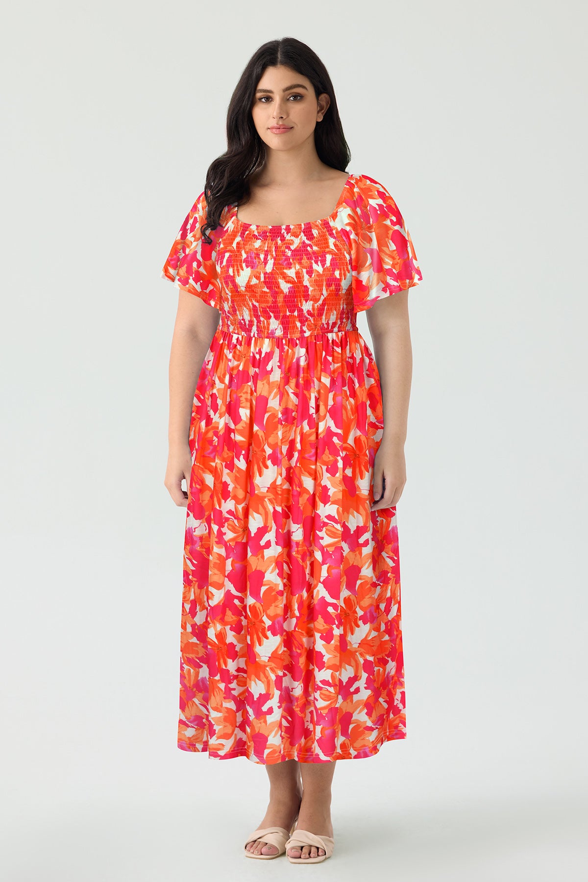 Pockets Square Neck Floral Smocked Summer Midi Dress