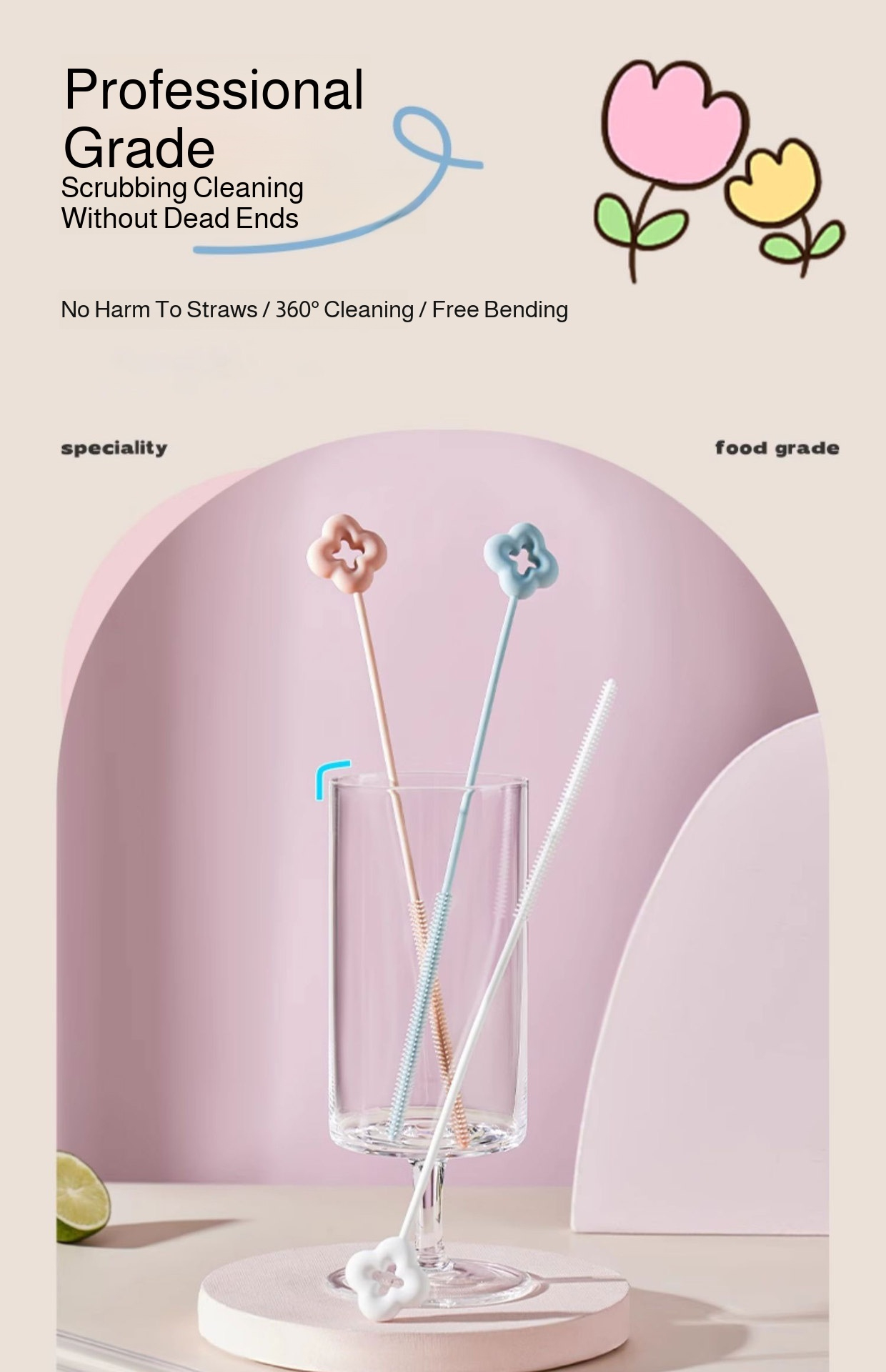 Silicone bottle brush for deep cleaning narrow bottles