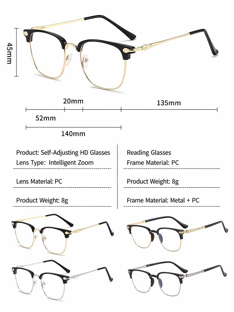 Self-Adaptive LCD Zoom Glasses, No Eye Test Needed, 0 to 1000 Diopters