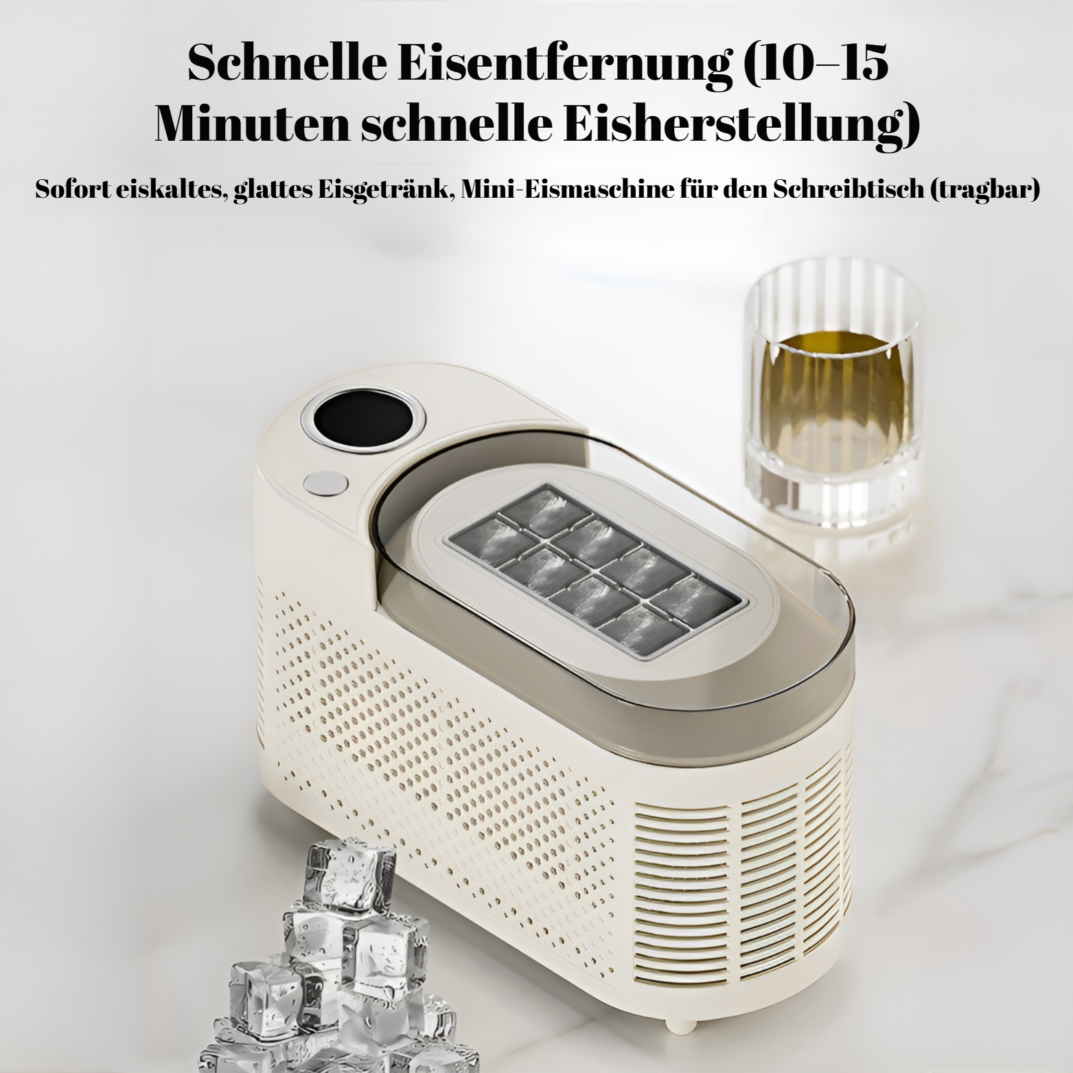 Kompakte Mini-Eiswürfelmaschine auf dem Schreibtisch