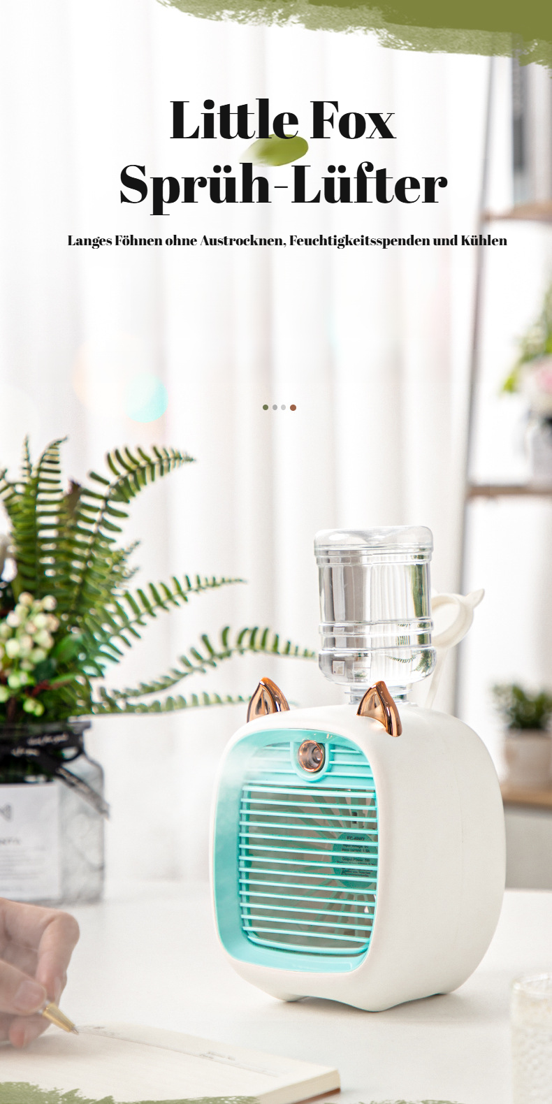 Niedlicher Fuchs Mini-Luftbefeuchter mit Ventilator auf dem Tisch