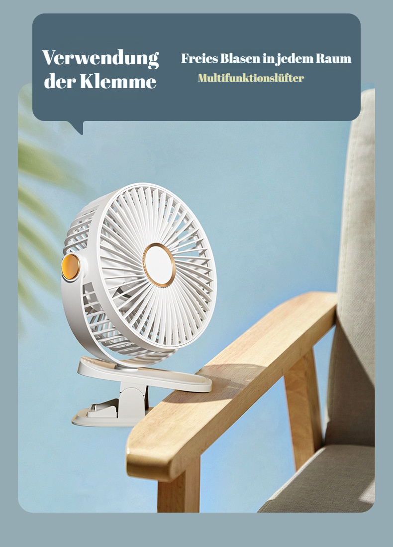 USB Wiederaufladbarer Clip-Ventilator mit Wandmontage in moderner Umgebung