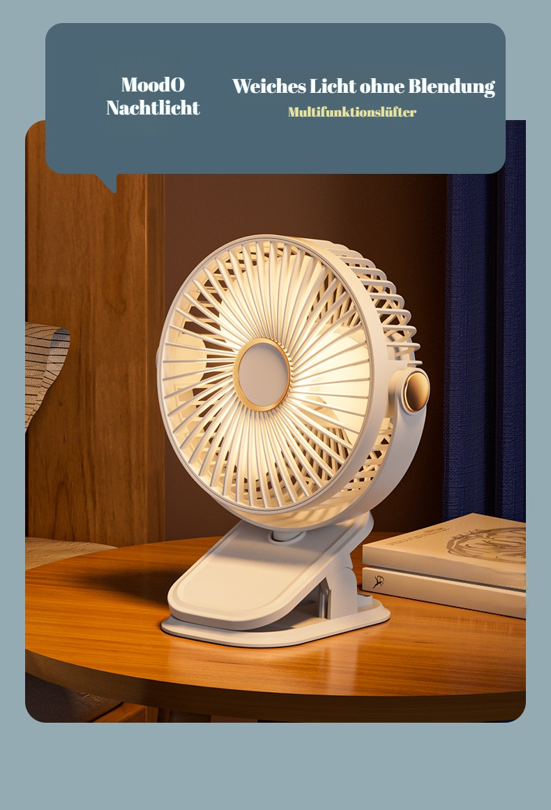 Leiser Clip-Ventilator mit Lampe und Nachtlichtfunktion
