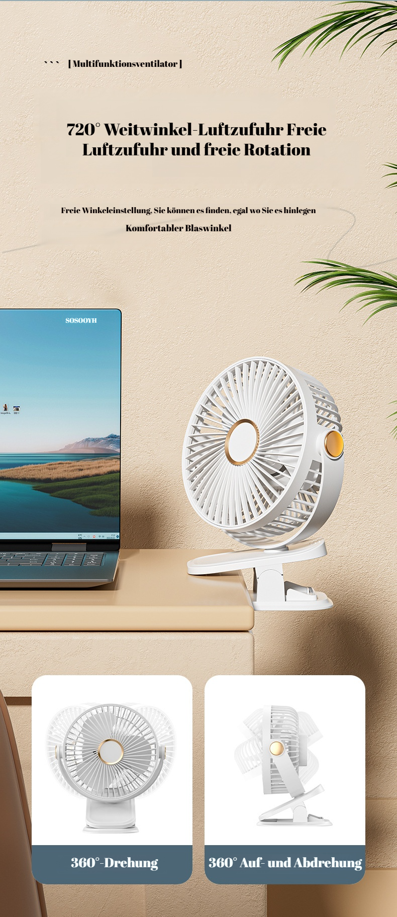 Detailansicht der Bedienelemente des USB Clip-Ventilators