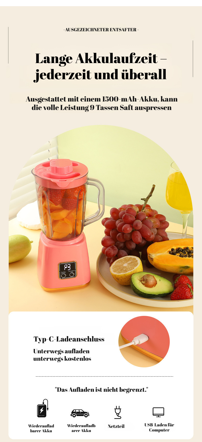 Moderne tragbare Saftpresse mit USB-Anschluss