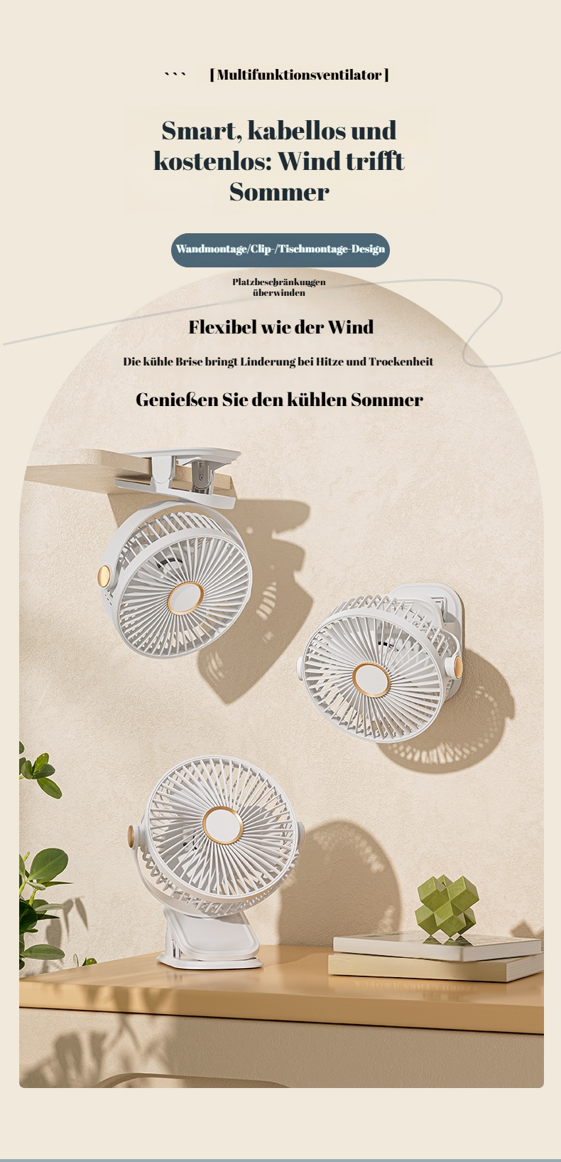 Multifunktionaler Ventilator: Clip, Wandmontage, Nachtlicht und Lampe