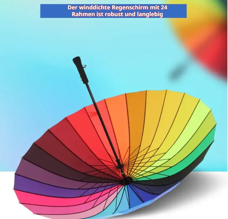 Niedlicher Regenbogenschirm mit langem Stiel in bunten Farben