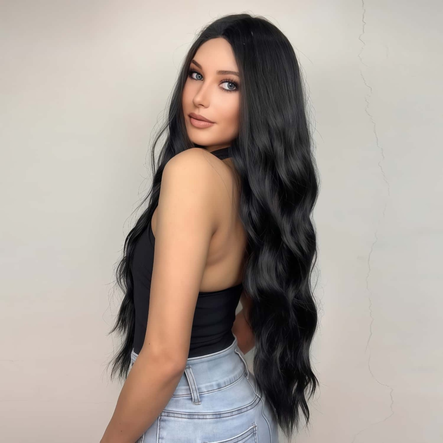 SD-GIFT I Long Natural Curly Middle Part Black Wave Sex Doll Wigs 